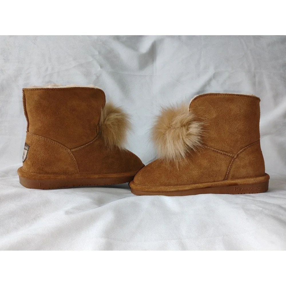 Bearpaw Suede Boots with Fur Pom Pom Detail - Women's‎ Winter Ankle Boots